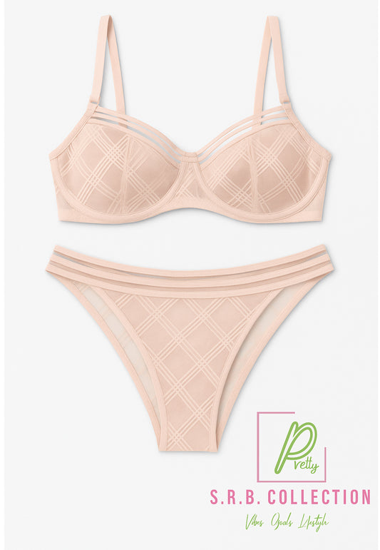 Plaid Mesh Bra Set- Nude