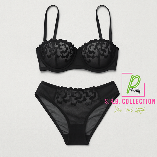 Floral mesh Bra Set- Black