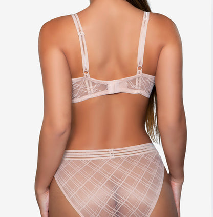 Plaid Mesh Bra Set- Nude