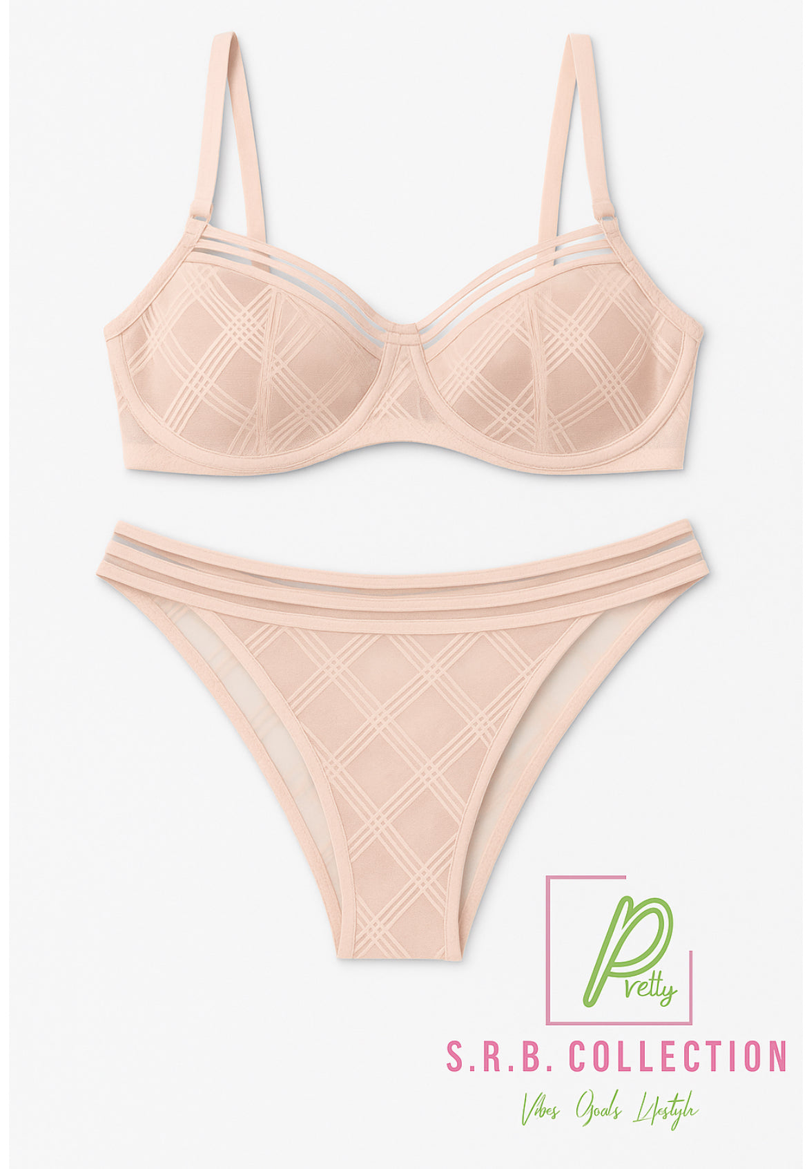 Plaid Mesh Bra Set- Nude
