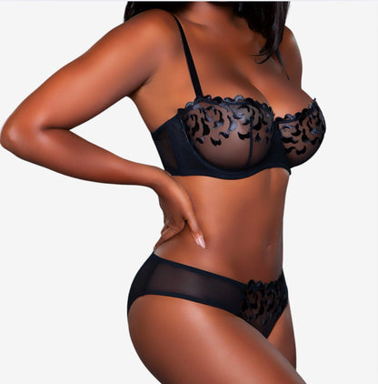 Floral mesh Bra Set- Black
