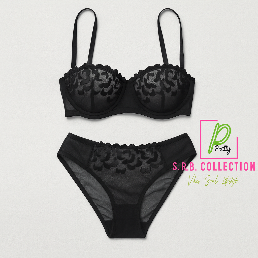 Floral mesh Bra Set- Black